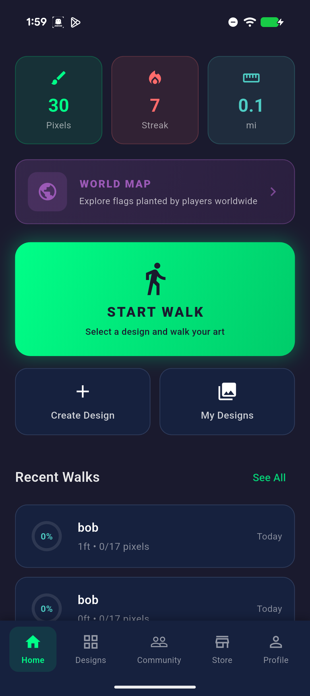 Pixel Walk Dashboard - Track your stats, start walks, and view your progress